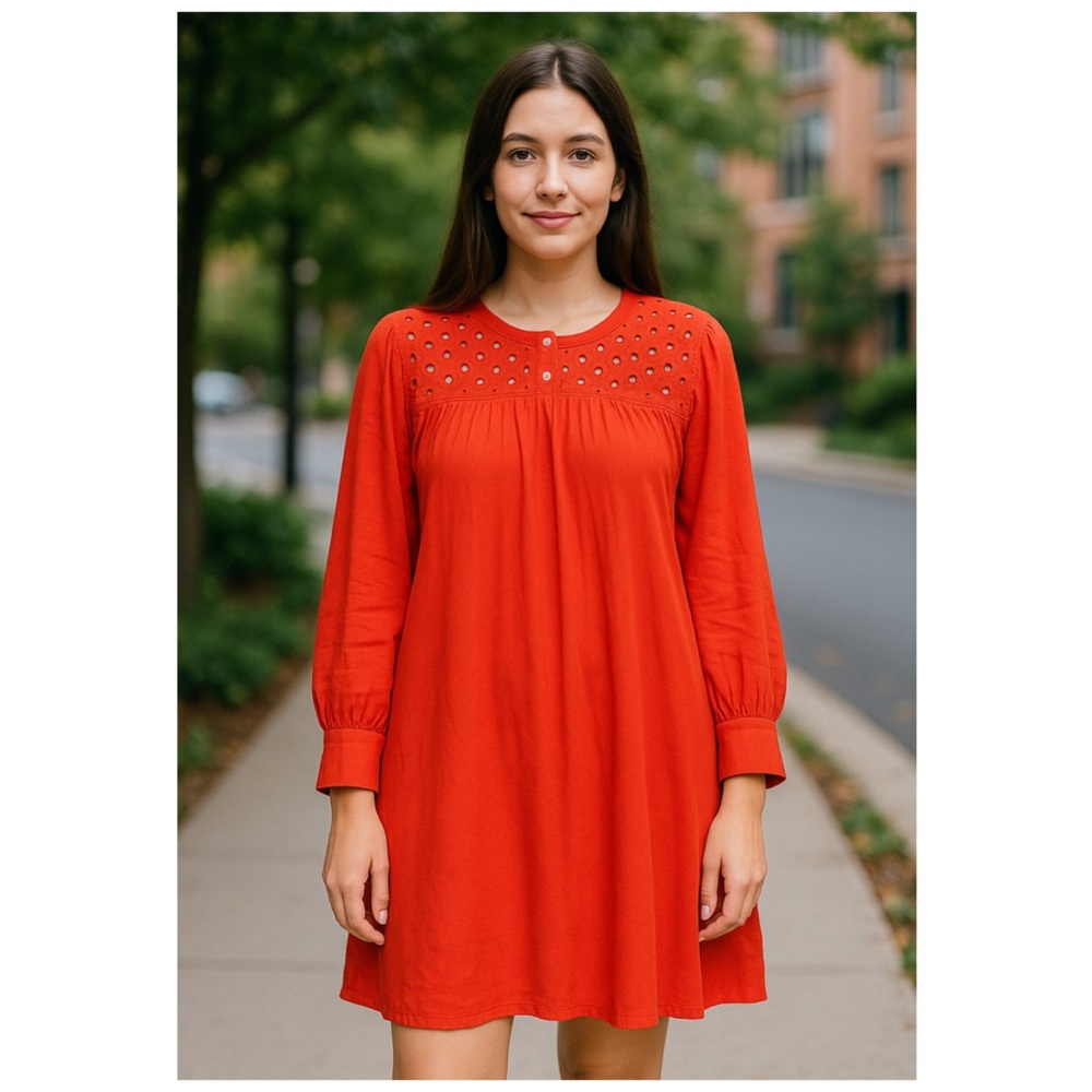 Madewell Coral Eyelet Linen Blend Long Sleeve Mini Dress Size M